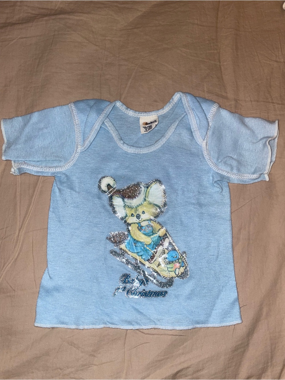 Baby Blue Graphic Tee with Sled Design babys first Christmas six months